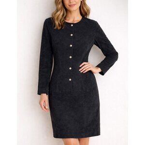 Pia Rucci Women’s Suede Leather Black Sheath Dress Button Front Structured M